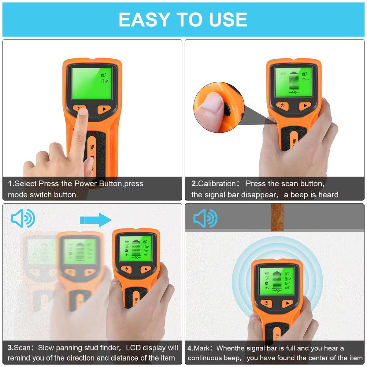 Stud Finder Sensor 5In1 Wall Scanner Electronic Stud Sensor Locator Wood Beam Joist Finders Portable Wall Detector LCD Display