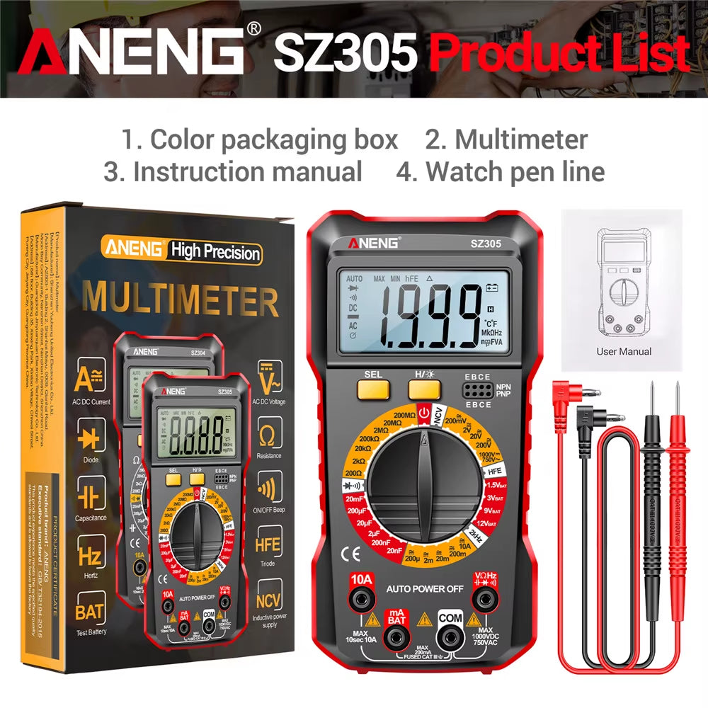 SZ305 Digital Multimeter NCV Voltage Induction Detector +BT173 Digital Display Battery Tester Professional Electrician Too