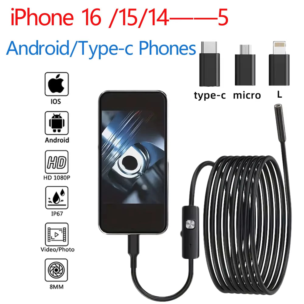 HD1920P Endoscope Inspection Camera Type-C Mini Inspection Camera IP67 Car Sewer Pipeline Borescope for Android IOS Iphone