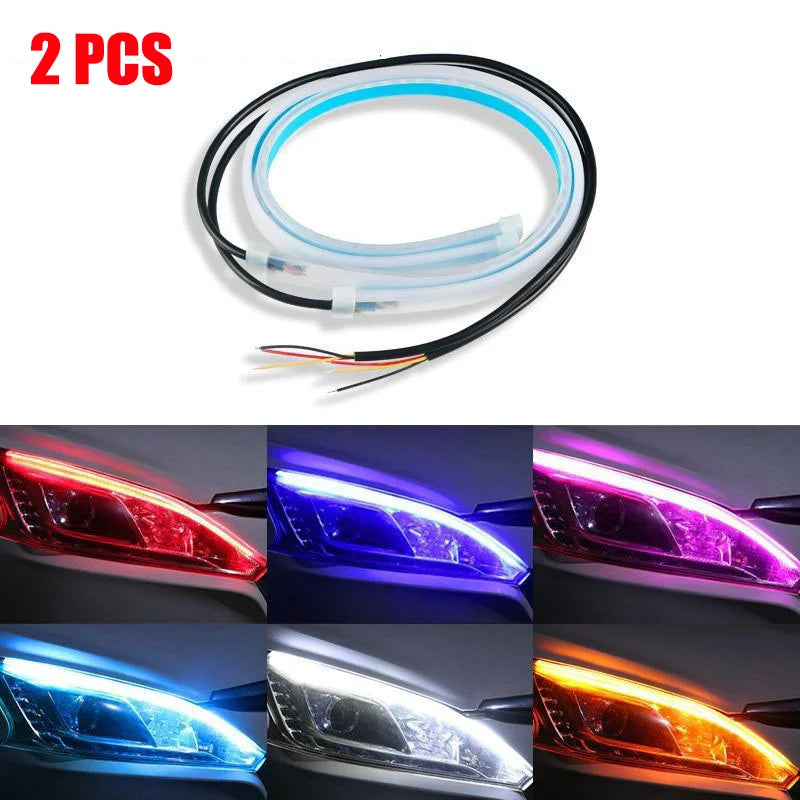 2Pcs 12V LED DRL Car Daytime Running Light Flexible Waterproof Strip Auto Headlights White Turn Signal Yellow Brake Flow Lights