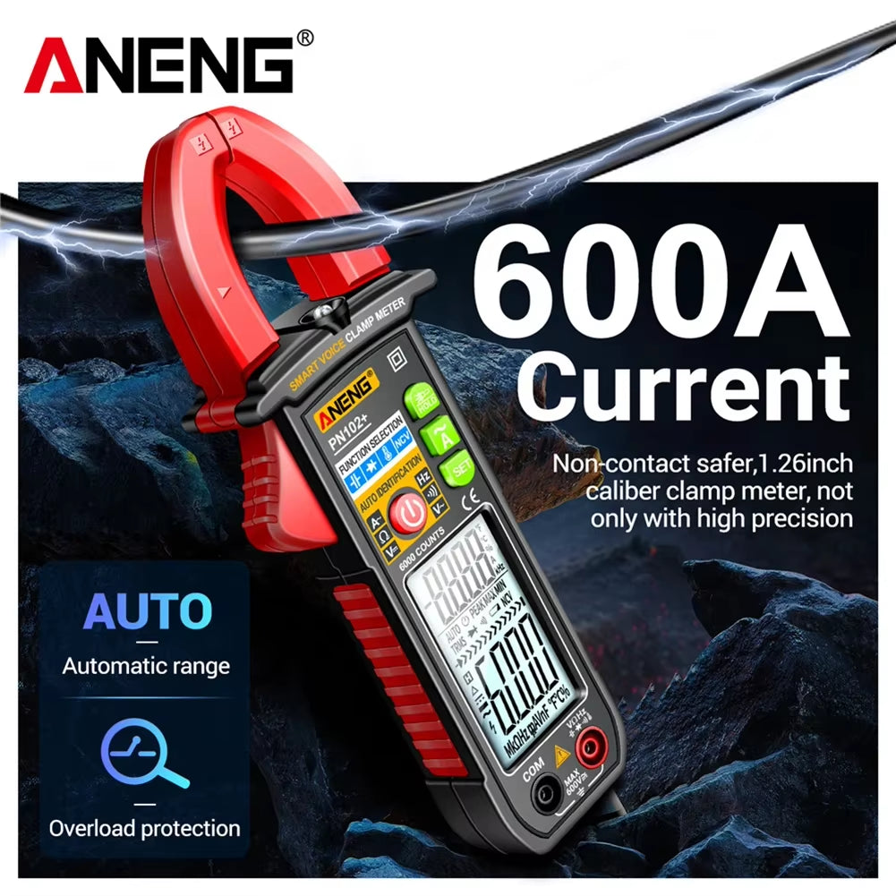 PN102+ Smart Voice Clamp Meter 6000 Counts Auto Ranging Mulitimeter Clamp AC/DC Voltage Meter Diode Hz Current Tester