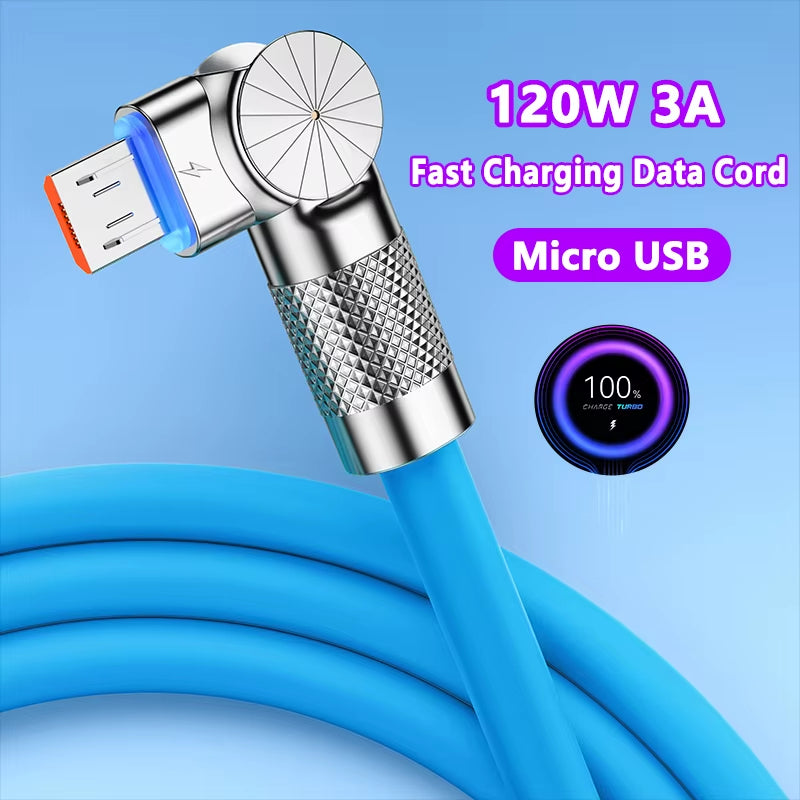 Micro USB 120W 3A Elbow Fast Charging Data Cable Cord for Playing Game for Samsung Galaxy S7 S5 Xiaomi Android Charge Usb Cord