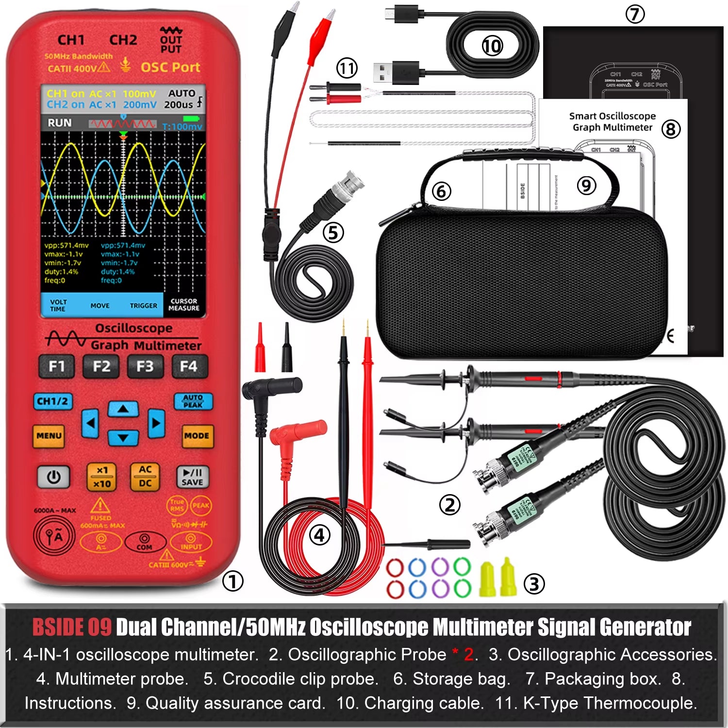 NEW Handheld Oscilloscope Digital Multimeter+Function Signal Generator 3-IN-1 Dual Channel 50MHZ*2 250Ms/S Graphic Meter