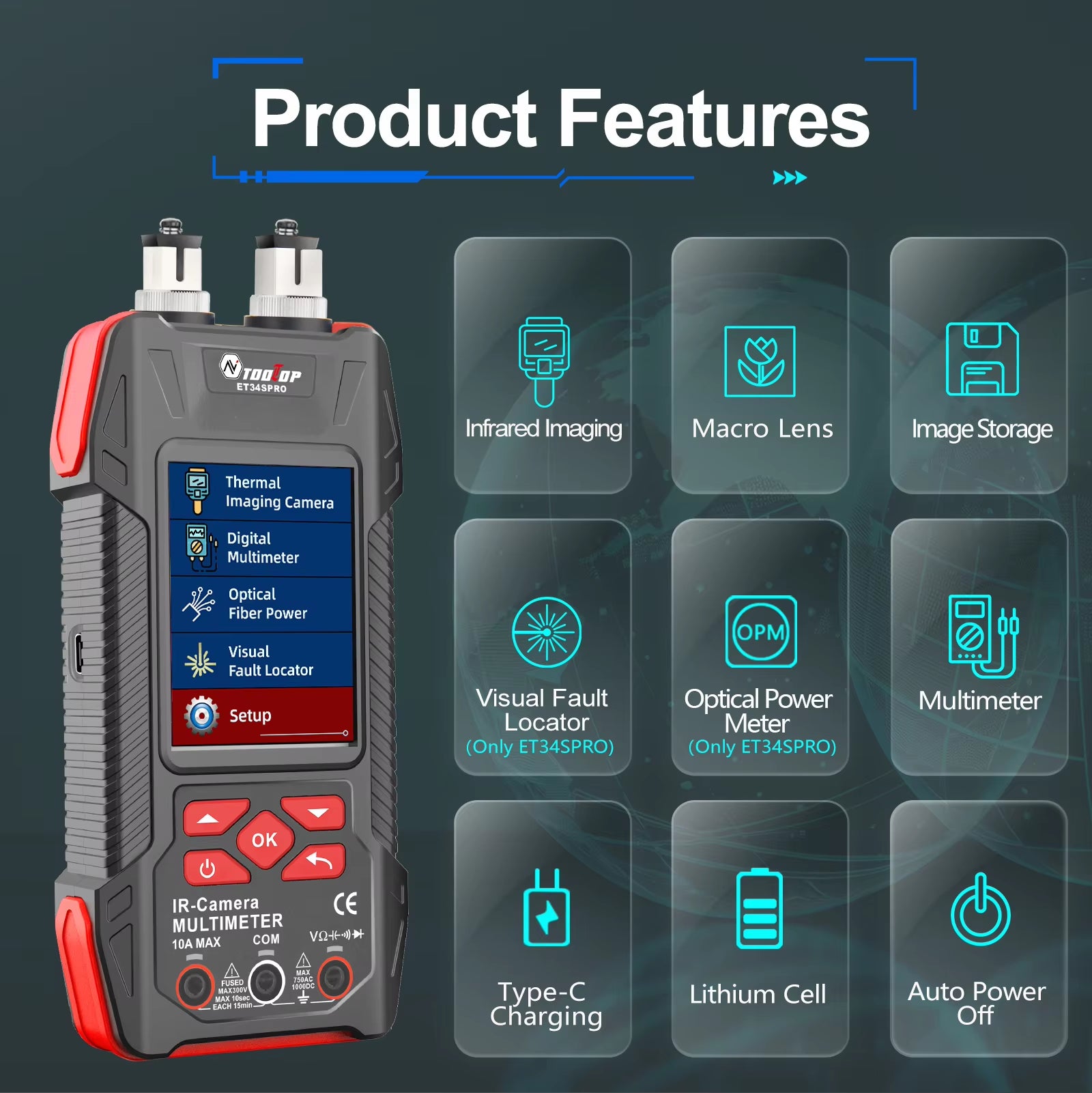 ET34S/34SPRO Handheld Thermal Imager with Macro Lens 60000 Counts Multimeter Optical Power Meter 3.2Inch Infrared Camera