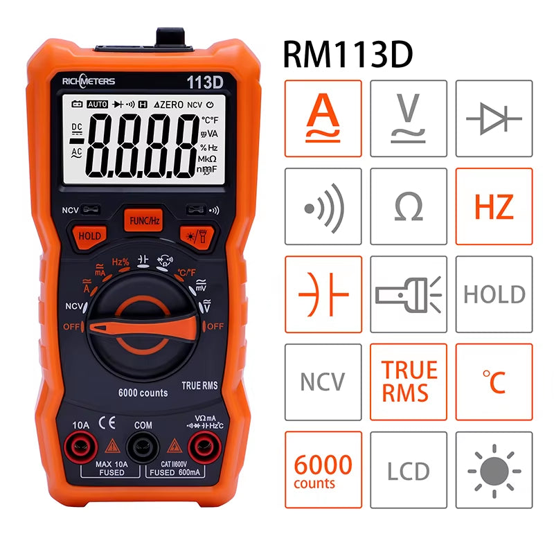 RM113D NCV Digital Multimeter 6000 Counts Auto Ranging AC/DC Voltage Meter Flash Back Light Large Screen 113A/D