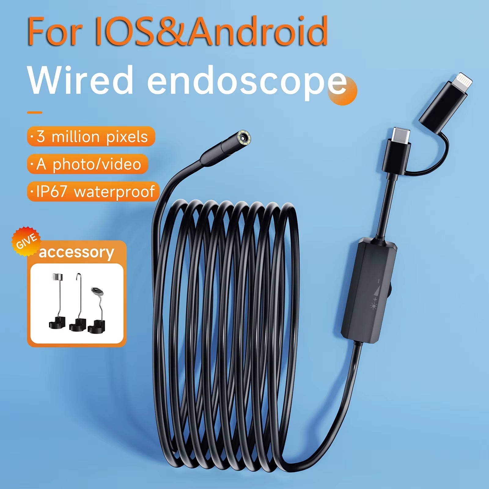 Android Endoscope Inspection Camera 2 in 1 IOS Type-C Mini Inspection Camera for IOS Iphone Waterproof Pipeline Borescope