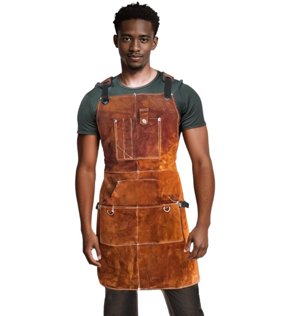 Flame Retardant Leather Tool Apron for Outdoor Woodwork Grilling Kitchen