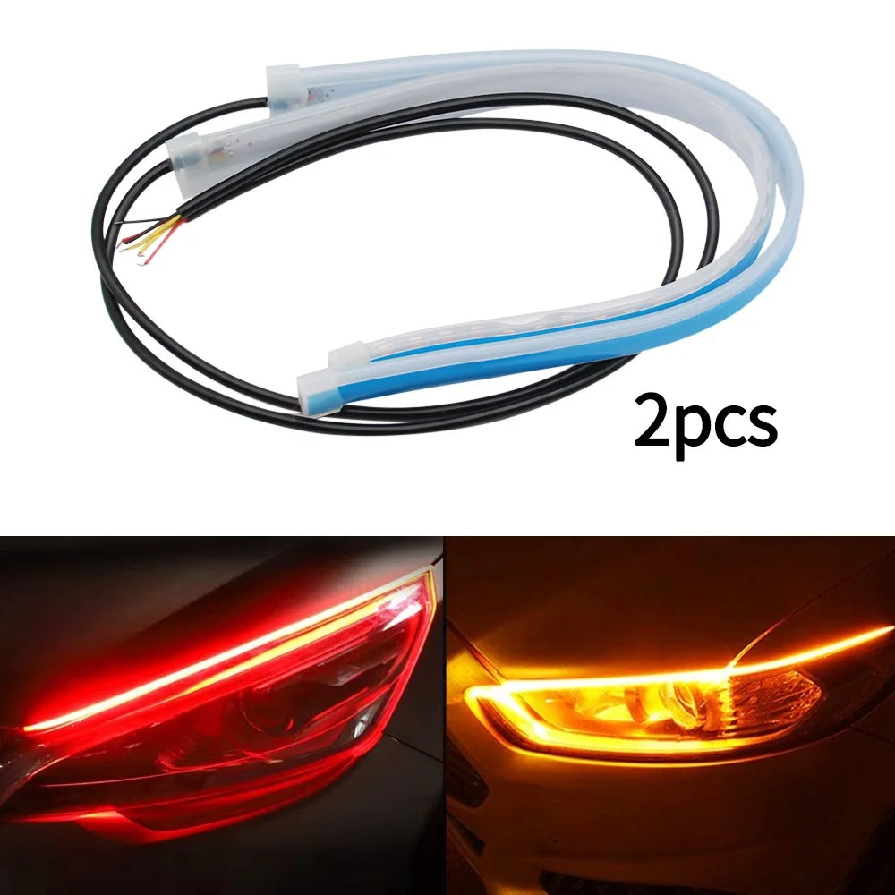 2Pcs 12V LED DRL Car Daytime Running Light Flexible Waterproof Strip Auto Headlights White Turn Signal Yellow Brake Flow Lights