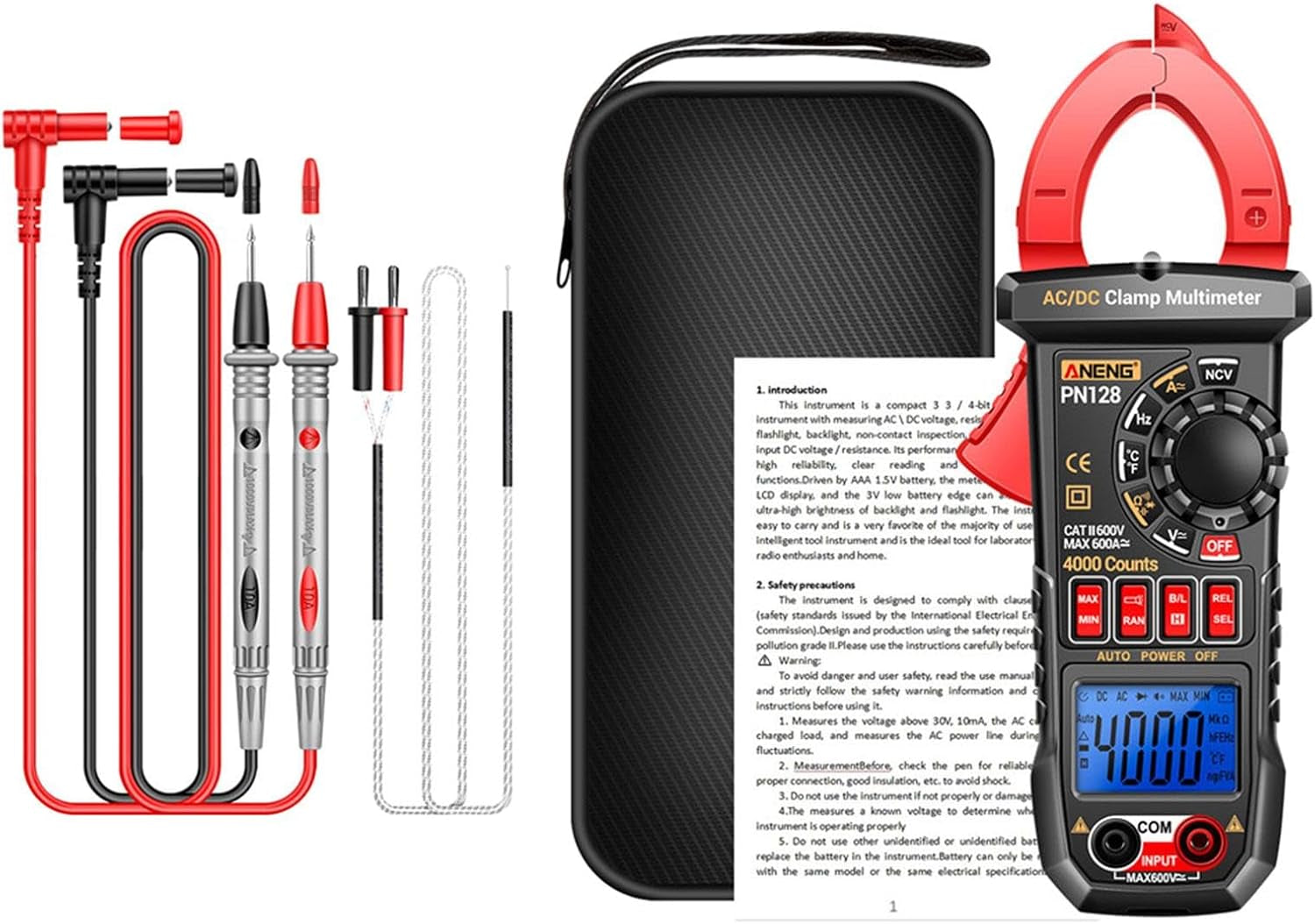 Digital Clamp Meter Voltage Tester Non-Contact LCD Display Portable Meansures Ncv Diode DC AC Voltmeter Electric Tester for Automotive Fuses, Red