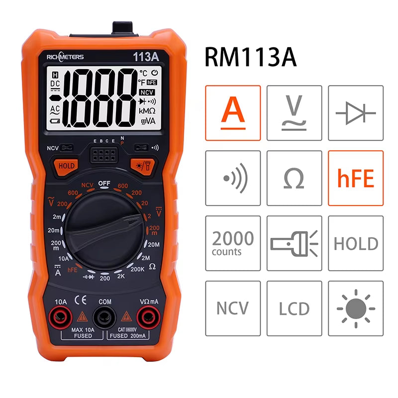 RM113D NCV Digital Multimeter 6000 Counts Auto Ranging AC/DC Voltage Meter Flash Back Light Large Screen 113A/D