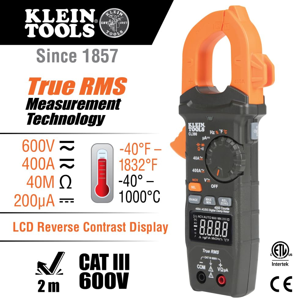 AC/DC Digital Clamp Meter, Auto-Ranging 400 Amp Current Clamp Meter