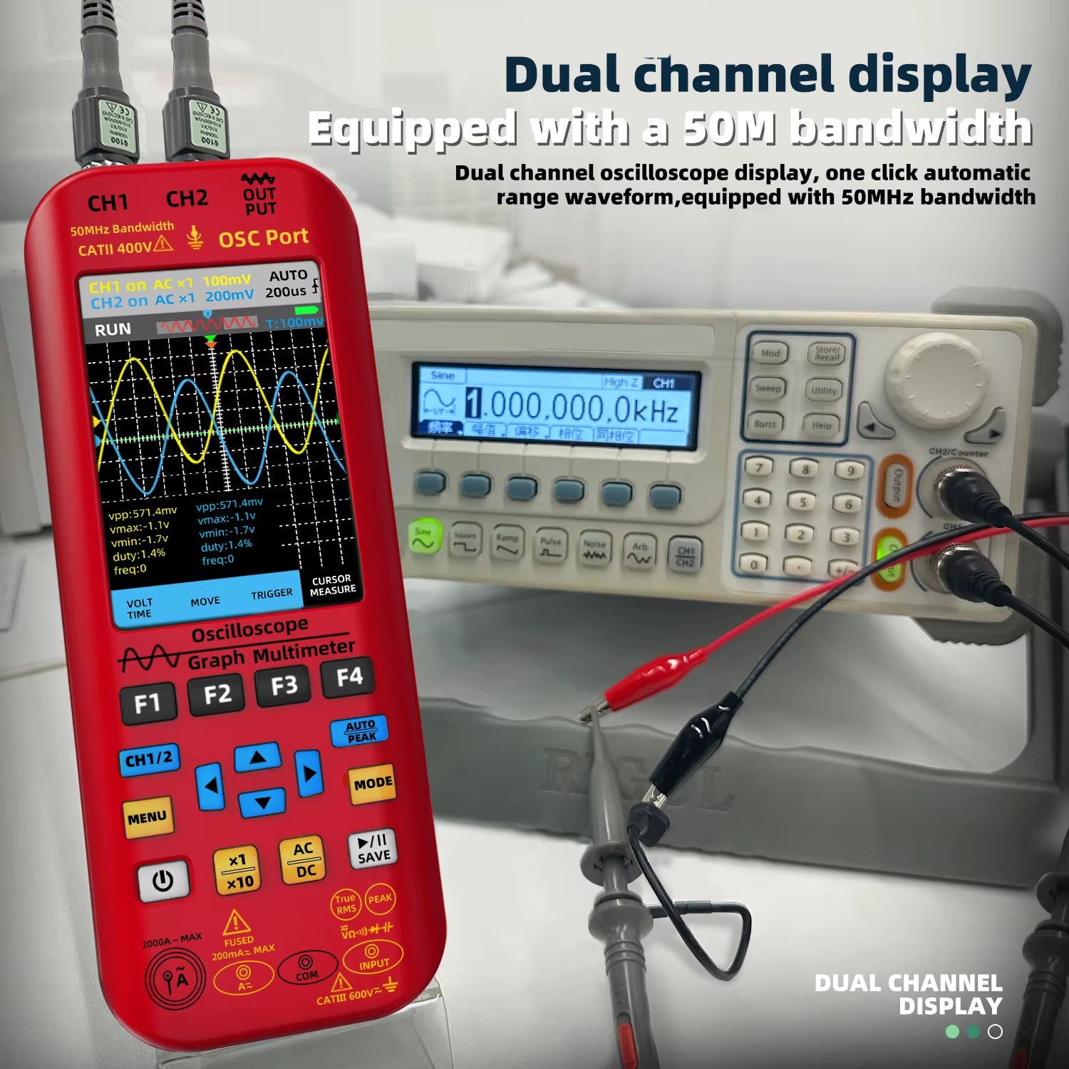 NEW Handheld Oscilloscope Digital Multimeter+Function Signal Generator 3-IN-1 Dual Channel 50MHZ*2 250Ms/S Graphic Meter