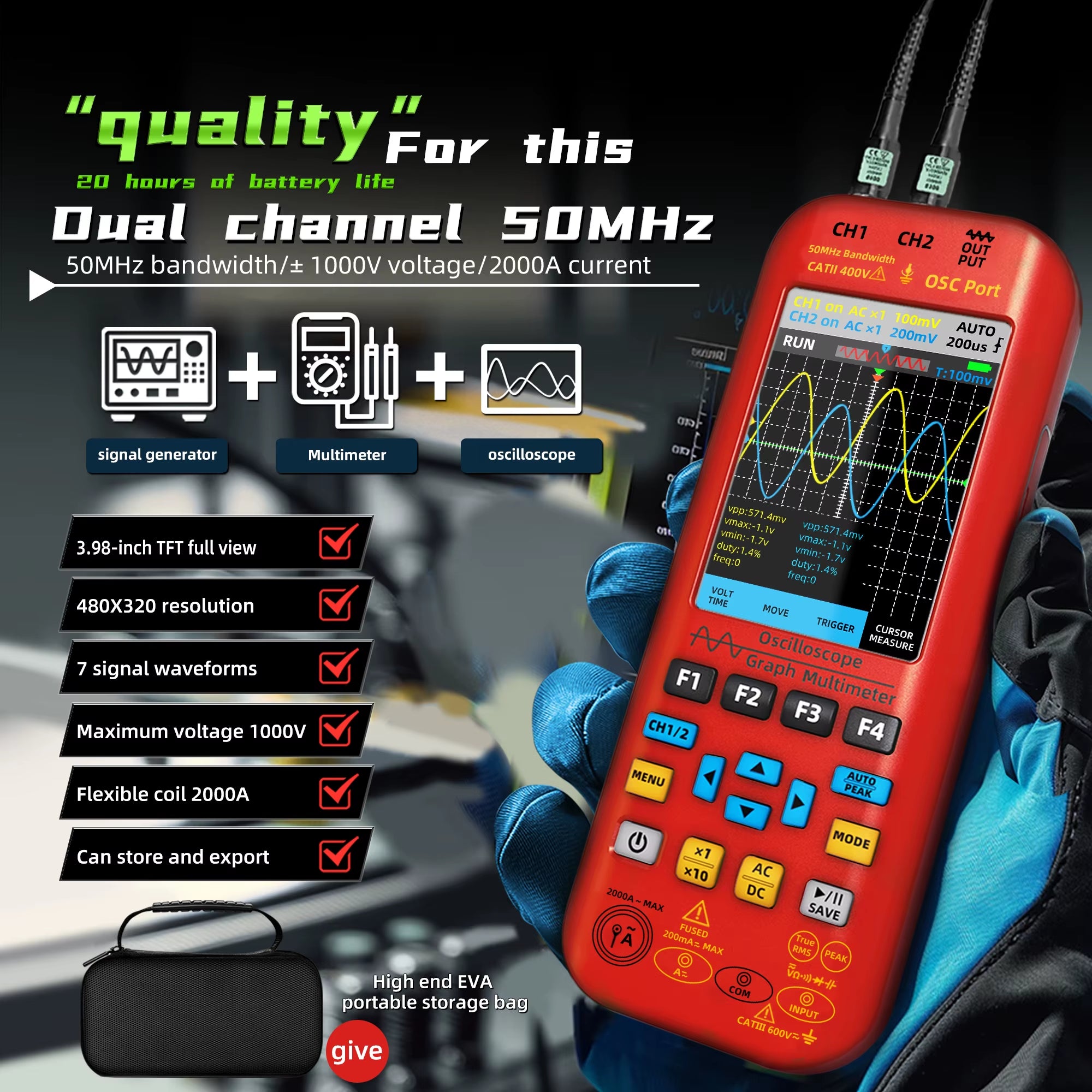 NEW Handheld Oscilloscope Digital Multimeter+Function Signal Generator 3-IN-1 Dual Channel 50MHZ*2 250Ms/S Graphic Meter