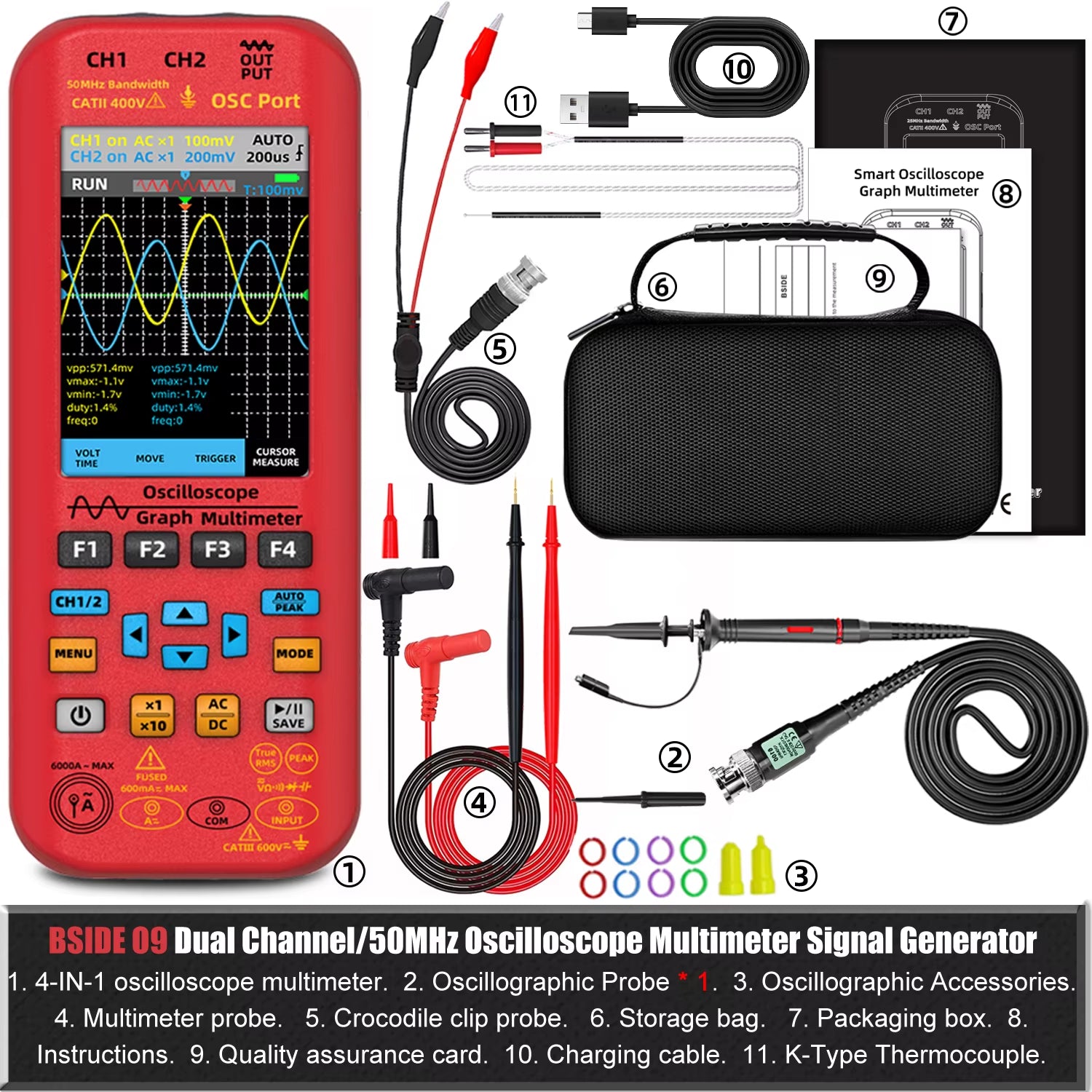 NEW Handheld Oscilloscope Digital Multimeter+Function Signal Generator 3-IN-1 Dual Channel 50MHZ*2 250Ms/S Graphic Meter