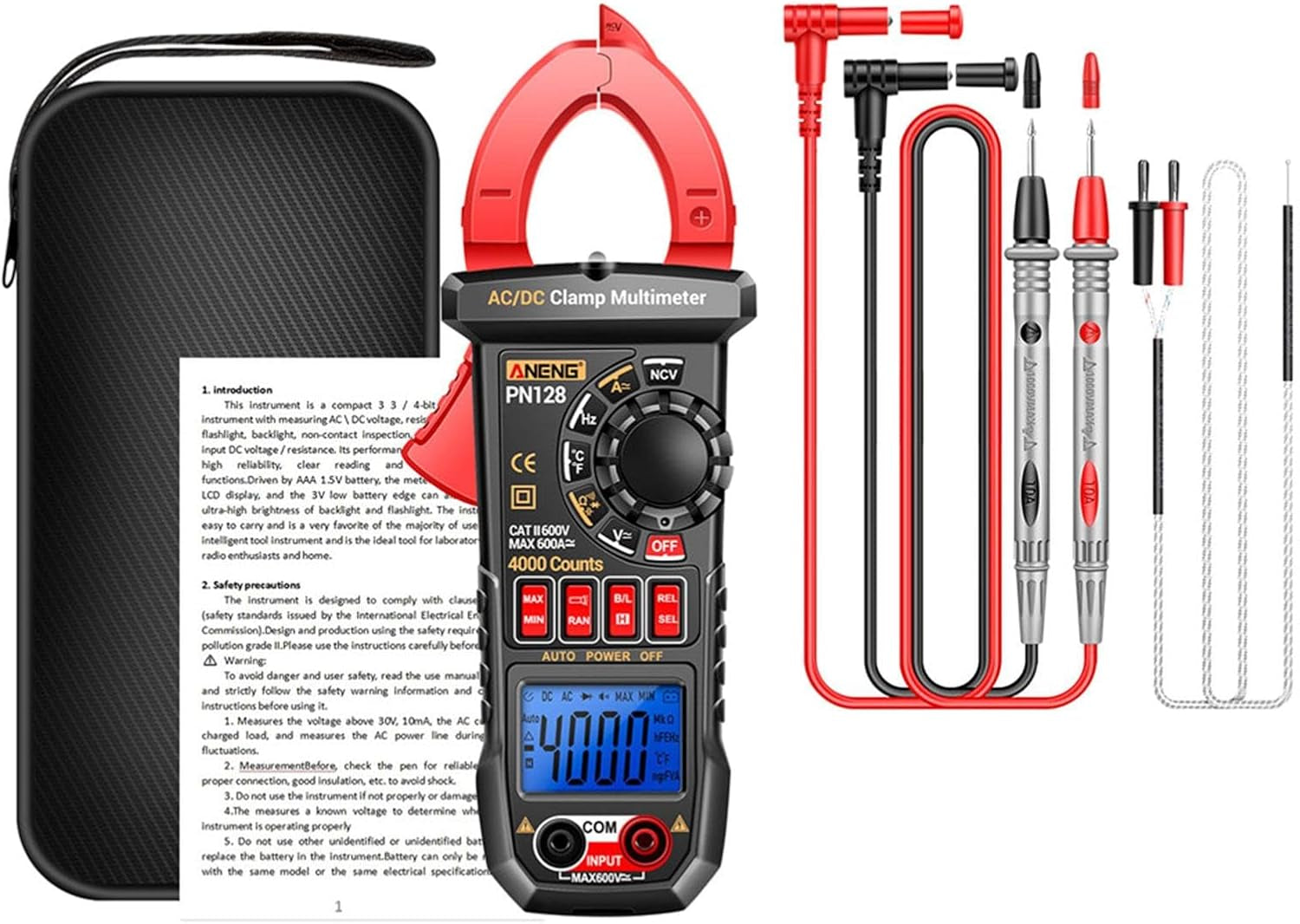 Digital Clamp Meter Voltage Tester Non-Contact LCD Display Portable Meansures Ncv Diode DC AC Voltmeter Electric Tester for Automotive Fuses, Red