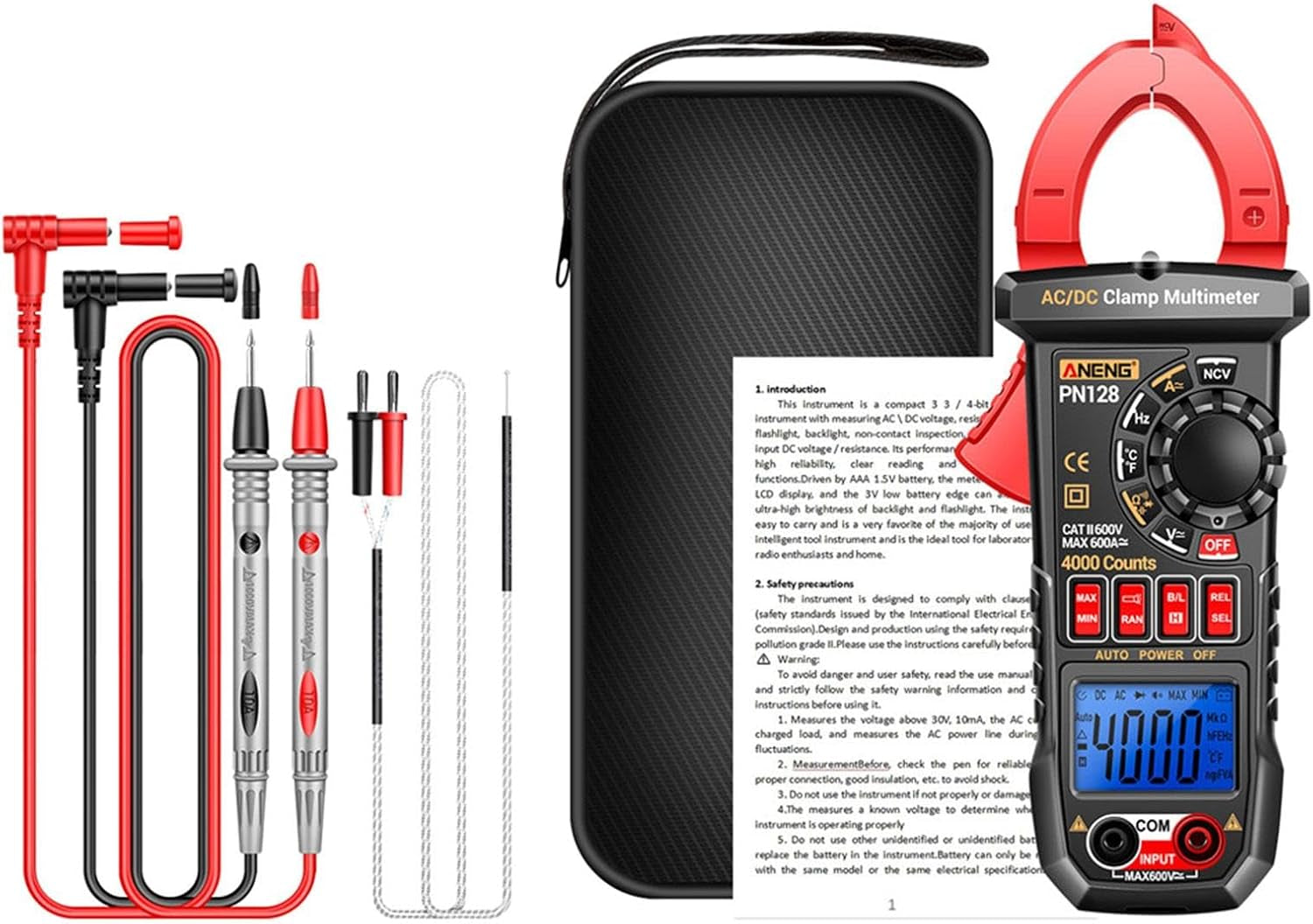 Digital Clamp Meter Voltage Tester Non-Contact LCD Display Portable Meansures Ncv Diode DC AC Voltmeter Electric Tester for Automotive Fuses, Red