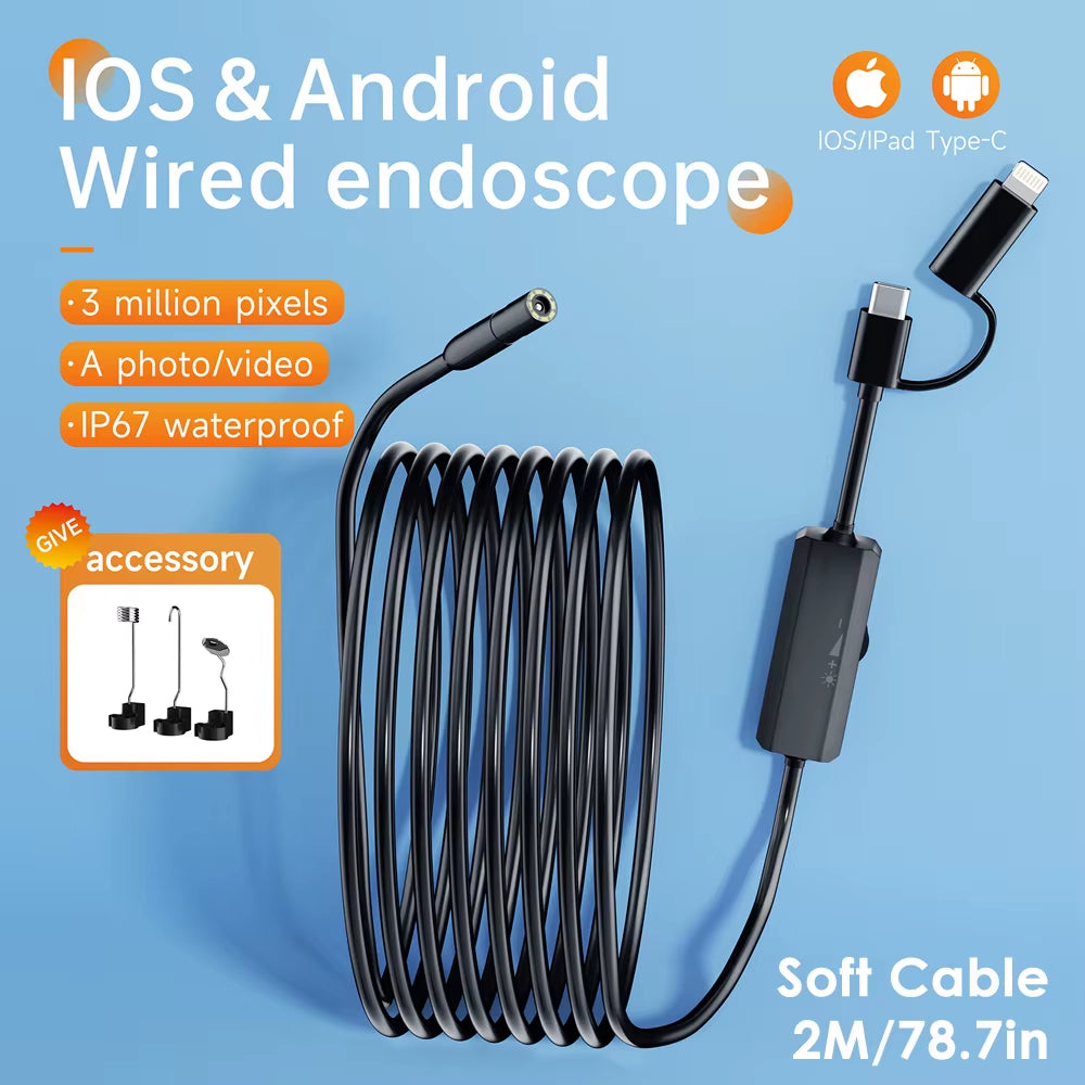 Android Endoscope Inspection Camera 2 in 1 IOS Type-C Mini Inspection Camera for IOS Iphone Waterproof Pipeline Borescope