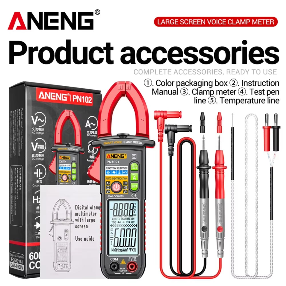 PN102+ Smart Voice Clamp Meter 6000 Counts Auto Ranging Mulitimeter Clamp AC/DC Voltage Meter Diode Hz Current Tester