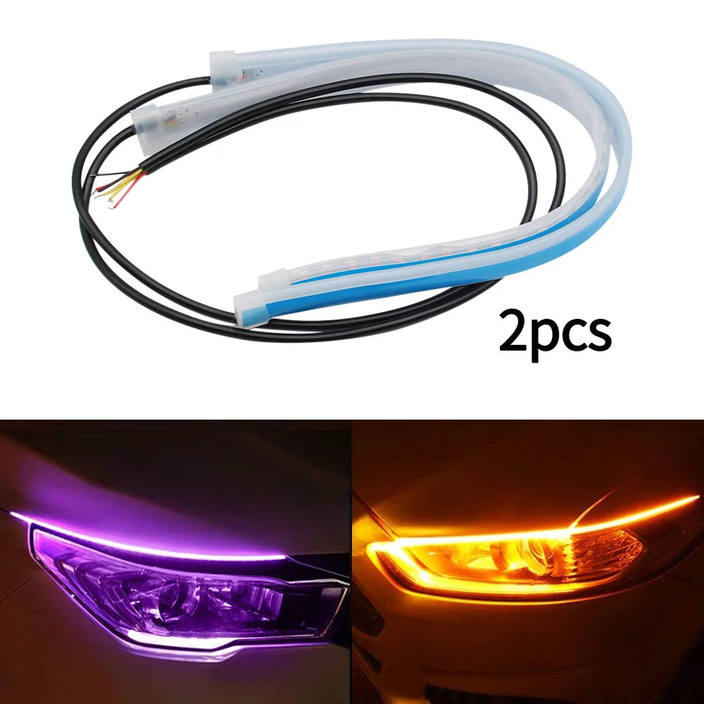 2Pcs 12V LED DRL Car Daytime Running Light Flexible Waterproof Strip Auto Headlights White Turn Signal Yellow Brake Flow Lights